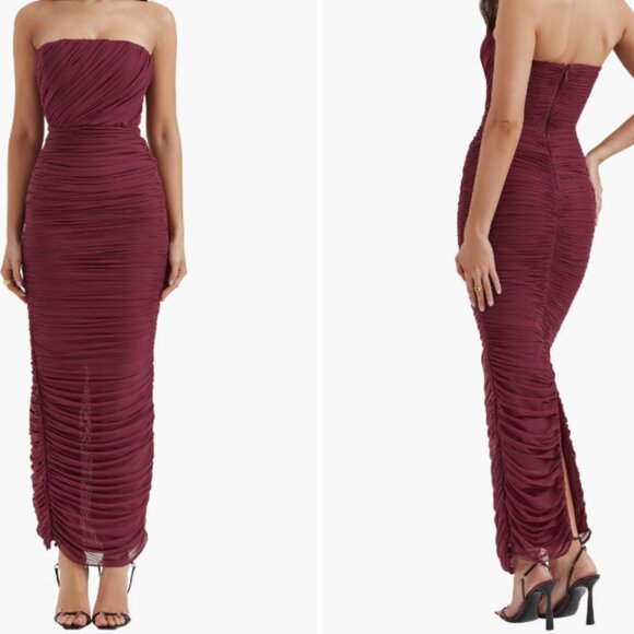House of CB Gradient Color Strapless Ruched Mesh Gown, Windsor Wine - Size XS - Picture 1 of 8